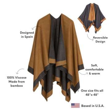 MELIFLUOS DESIGNED IN SPAIN Women's Shawl Wrap Poncho Ruana Cape Cardigan Sweater Open Front for Fall Winter (PC01-4D-II)