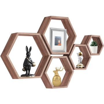 PHOENANCEE Hexagon Floating Shelves - Set of 5 Decorative Wall-Mounted Wooden Shelves for Home Organ...