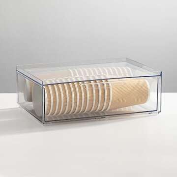 mDesign Plastic Wide Stackable Kitchen Storage Organizer Bin Containers with Front Pull Drawer for Cabinet, Pantry, Fridge, Freezer, Shelf, Refrigerator Organization, Lumiere Collection, 4 Pack, Clear