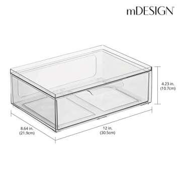 mDesign Plastic Wide Stackable Kitchen Storage Organizer Bin Containers with Front Pull Drawer for Cabinet, Pantry, Fridge, Freezer, Shelf, Refrigerator Organization, Lumiere Collection, 4 Pack, Clear