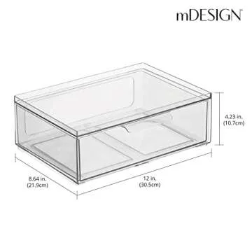 mDesign Plastic Wide Stackable Kitchen Storage Organizer Bin Containers with Front Pull Drawer for Cabinet, Pantry, Fridge, Freezer, Shelf, Refrigerator Organization, Lumiere Collection, 4 Pack, Clear