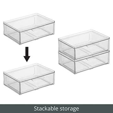 mDesign Plastic Wide Stackable Kitchen Storage Organizer Bin Containers with Front Pull Drawer for Cabinet, Pantry, Fridge, Freezer, Shelf, Refrigerator Organization, Lumiere Collection, 4 Pack, Clear