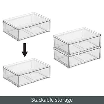 mDesign Plastic Wide Stackable Kitchen Storage Organizer Bin Containers with Front Pull Drawer for Cabinet, Pantry, Fridge, Freezer, Shelf, Refrigerator Organization, Lumiere Collection, 4 Pack, Clear