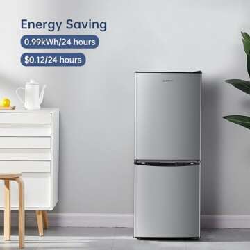 BANGSON 4.0 Cu.Ft Small Refrigerator with Freezer, Small Fridge with Bottom Freezer, for Apartment, Bedroom, Dorm, and Office, Double Door, Stainless Steel, Silver