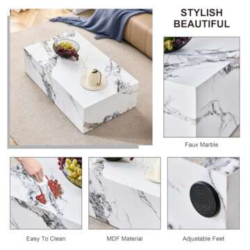 Coffee Table Living Room Table, Faux Marble Coffee Table for Living Room, Modern Coffee Table Wood Coffee Table White Coffee Table, Center Table for Living Room