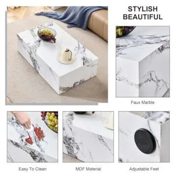 Coffee Table Living Room Table, Faux Marble Coffee Table for Living Room, Modern Coffee Table Wood Coffee Table White Coffee Table, Center Table for Living Room