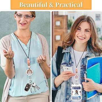 Plifal Teacher Lanyard for ID Badge Card - Cute Be Kind Rainbow Women Beaded Breakaway Neck Lanyards