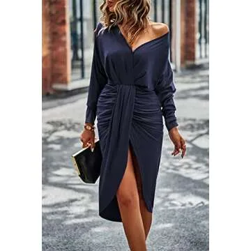 PRETTYGARDEN Women's Ruched Wrap Dress Long Sleeve V Neck Split Hem Draped Front Midi Bodycon Dresses (Navy,Small)
