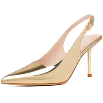 RIBONGZ Gold Closed Toe Pointy High Heels Sexy Slingback Pumps Elegant Dressy Heels for Women Weddin...