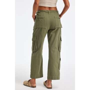 GREAIDEA Cargo Pants for Women Low Rise Drawstring Waist 7 Pockets Hiking Work Wide Leg Pants with Zipper Button Closure Army Green