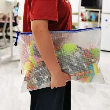 AUSTARK 10 Pcs Zipper File Bags, Waterproof Plastic Mesh Pouch for Office School, Board Game Storage Bags (A3 Size 16.9''x12'', White and Blue)