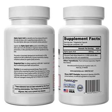 Superior Labs Alpha Lipoic Acid - Pure Non-GMO ALA 600mg (4 Month Supply) 120 Servings - Zero Synthe...