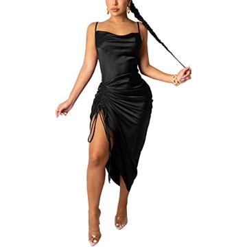 WUSENST Women's Spaghetti Strap Satin Dress Sexy Backless Drawstring Ruched Split Hem Cocktail Eveni...