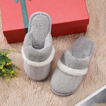 Womens Slippers with Cozy Memory Foam Soft Warm Slip On House Shoes Anti-Skid Rubber Sole Creative Gifts for Women Mom Size 7 8 Light Grey