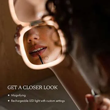 Vanity Planet Pocket Makeup Mirror with Lights & Magnification, Moda - Mini Light-Up Compact & Travel Makeup Mirror - Portable, Adjustable & Rechargeable LED Magnifying Mirror for On-The-Go - Nude