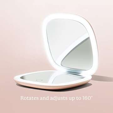 Vanity Planet Pocket Makeup Mirror with Lights & Magnification, Moda - Mini Light-Up Compact & Travel Makeup Mirror - Portable, Adjustable & Rechargeable LED Magnifying Mirror for On-The-Go - Nude