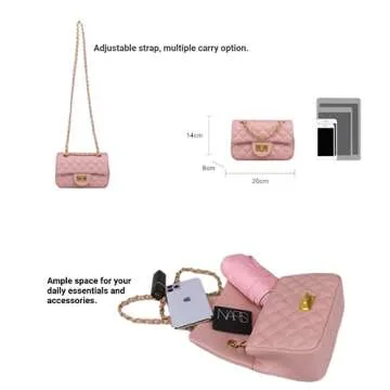 Women's Quilted Shoulder Bag | Chain Link Strap Clutch Purse | Crossbody Mini Messenger Handbag (Pink, Mini)