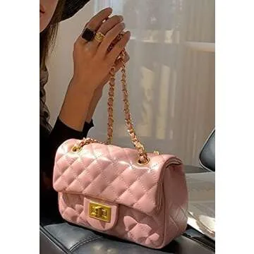 Women's Quilted Shoulder Bag | Chain Link Strap Clutch Purse | Crossbody Mini Messenger Handbag (Pink, Mini)