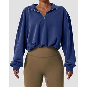 Stylish QINSEN Women's Half Zip Crop Sweatshirt