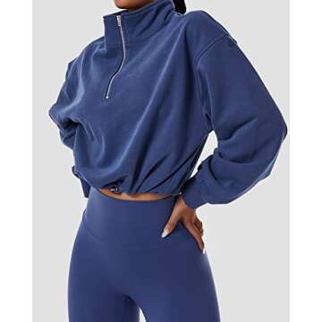 QINSEN Women's Half Zip Crop Sweatshirt High Neck Long Sleeve Pullover Athletic Cropped Tops Blue L