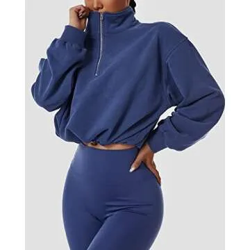 Stylish QINSEN Women's Half Zip Crop Sweatshirt
