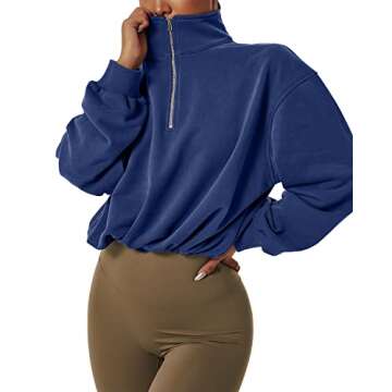 QINSEN Women's Half Zip Crop Sweatshirt High Neck Long Sleeve Pullover Athletic Cropped Tops Blue L