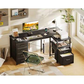 Coleshome L Shaped Computer Desk with 6 Drawers & Power Outlet, 47 Inch Corner Desk with Reversible Storage Shelf & File Drawer, Home Office Desk, Black