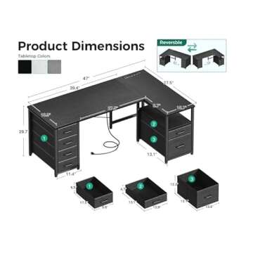 Coleshome L Shaped Computer Desk with 6 Drawers & Power Outlet, 47 Inch Corner Desk with Reversible Storage Shelf & File Drawer, Home Office Desk, Black