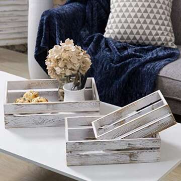 MyGift Country Rustic Wooden Nesting Crates - Whitewashed Wood Open Top Storage Boxes with Cutout Handles, Set of 3