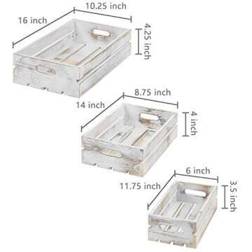 MyGift Country Rustic Wooden Nesting Crates - Whitewashed Wood Open Top Storage Boxes with Cutout Handles, Set of 3