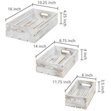 MyGift Country Rustic Wooden Nesting Crates - Whitewashed Wood Open Top Storage Boxes with Cutout Handles, Set of 3