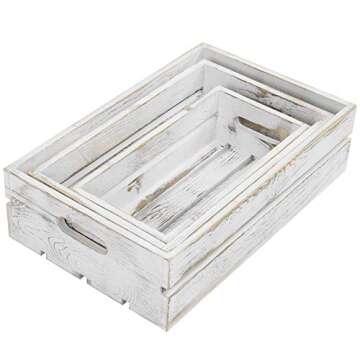 MyGift Country Rustic Wooden Nesting Crates - Whitewashed Wood Open Top Storage Boxes with Cutout Handles, Set of 3