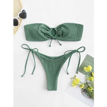 ZAFUL O Ring Bandeau Bikini Sets for Women Sexy Strapless Swimsuits 2 Piece High Cut Bathing Suit Side Tie Light Green M