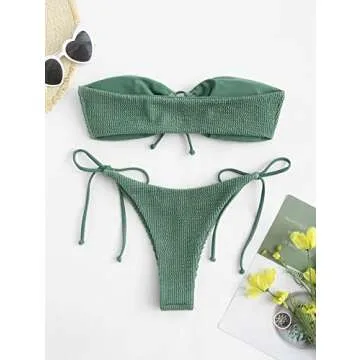 ZAFUL O Ring Bandeau Bikini Sets for Women Sexy Strapless Swimsuits 2 Piece High Cut Bathing Suit Side Tie Light Green M