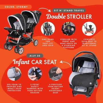 Baby Trend Infant and Toddler Double Stroller & 2 Car Seat Combo, 3 Pc Set, Stormy