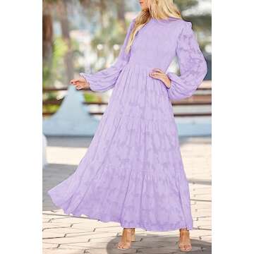 MITILLY Women's Elegant Floral Long Sleeve Round Neck Smocked A-Line Flowy Tiered Maxi Dress with Po...