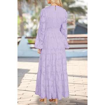 MITILLY Women's Elegant Floral Long Sleeve Round Neck Smocked A-Line Flowy Tiered Maxi Dress with Pockets Medium Light Purple
