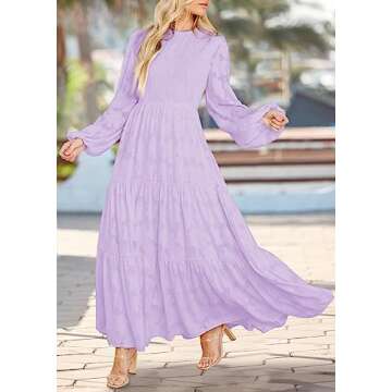 MITILLY Women's Elegant Floral Long Sleeve Round Neck Smocked A-Line Flowy Tiered Maxi Dress with Pockets Medium Light Purple
