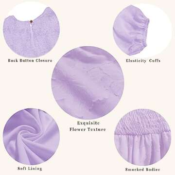 MITILLY Women's Elegant Floral Long Sleeve Round Neck Smocked A-Line Flowy Tiered Maxi Dress with Pockets Medium Light Purple