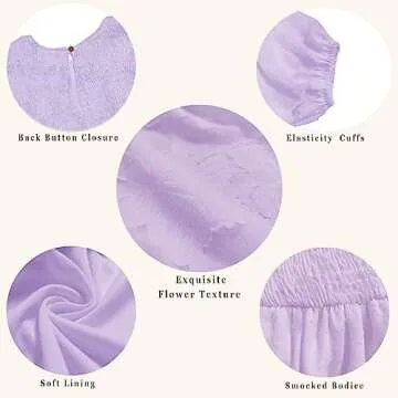 MITILLY Women's Elegant Floral Long Sleeve Round Neck Smocked A-Line Flowy Tiered Maxi Dress with Pockets Medium Light Purple