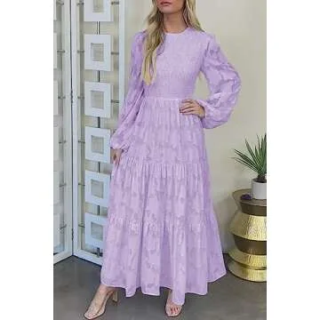 MITILLY Women's Elegant Floral Long Sleeve Round Neck Smocked A-Line Flowy Tiered Maxi Dress with Pockets Medium Light Purple