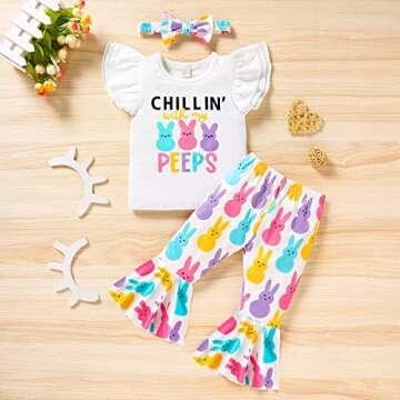 GRNSHTS Toddler Baby Girl Easter Outfits Short Sleeve Bunny Print Shirt Tops+Flared Pants+Headband 3...