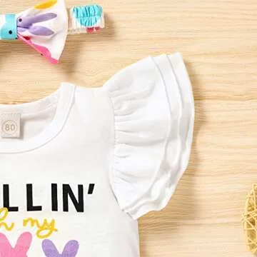 GRNSHTS Toddler Baby Girl Easter Outfits Short Sleeve Bunny Print Shirt Tops+Flared Pants+Headband 3PCS Clothes Set (White, 2-3 T)