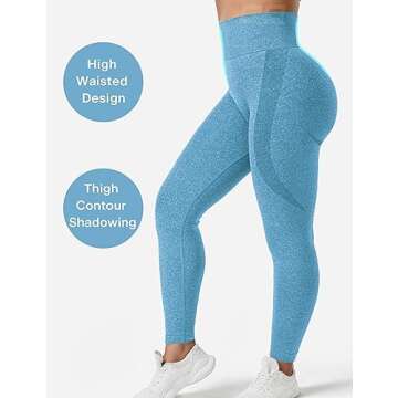QOQ Women Seamless Workout Leggings High Waisted Tummy Control Yoga Pants Gym Compression Tights Light Blue S