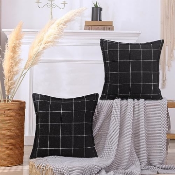 CARRIE HOME Black and White Boho Plaid Throw Pillow Covers 16x16 Set of 2, Farmhouse Decorative Line...