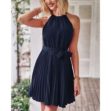 BTFBM Women 2024 Summer Casual Halter Neck A-Line Dress Sleeveless Belted Swing Pleated Cocktail Party Beach Mini Dresses(Solid Navy, Large)