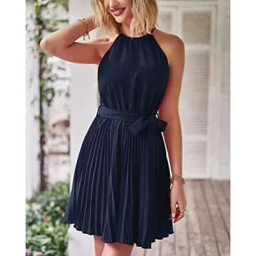 BTFBM Women 2024 Summer Casual Halter Neck A-Line Dress Sleeveless Belted Swing Pleated Cocktail Party Beach Mini Dresses(Solid Navy, Large)