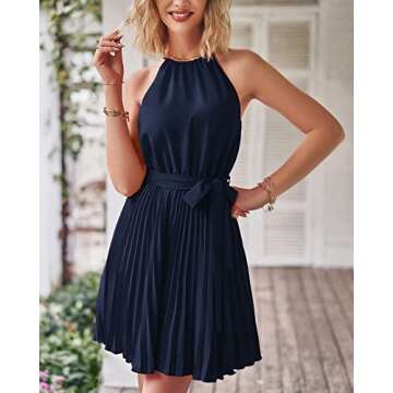 BTFBM Women 2024 Summer Casual Halter Neck A-Line Dress Sleeveless Belted Swing Pleated Cocktail Party Beach Mini Dresses(Solid Navy, Large)