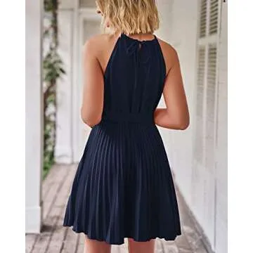 BTFBM Women 2024 Summer Casual Halter Neck A-Line Dress Sleeveless Belted Swing Pleated Cocktail Party Beach Mini Dresses(Solid Navy, Large)