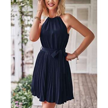 BTFBM Women 2024 Summer Casual Halter Neck A-Line Dress Sleeveless Belted Swing Pleated Cocktail Party Beach Mini Dresses(Solid Navy, Large)